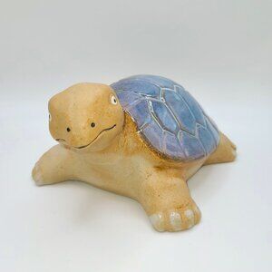 Glazed Ceramic Pottery TURTLE Figurine 7" x 6" with Blue Shell